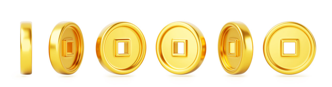 Chinese gold coin 3d in different angles of rotation. Realistic render set of asian money, sequence animation of golden metal cny currency. Traditional symbol of wealth, good luck. 3D illustration