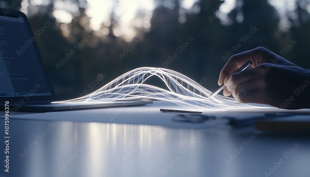 Poster A glowing light wave emanates from a hand, creating a visual representation of data or connectivity, with a laptop nearby and a serene forest backdrop.