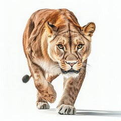 Fototapeta premium Majestic Female Lion in Dynamic Pose Conveying Strength and Grace, Captured with Incredible Detail and Realism Against a Clean White Background