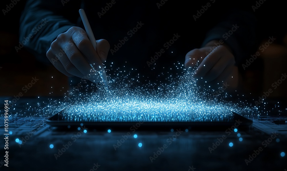 Fototapete a person creates a captivating display of light particles while interacting with a glowing surface, 