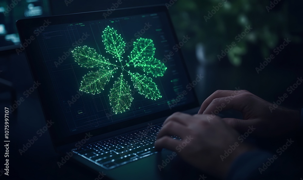 Poster a person types on a laptop displaying a glowing green flower design, symbolizing technology's interf