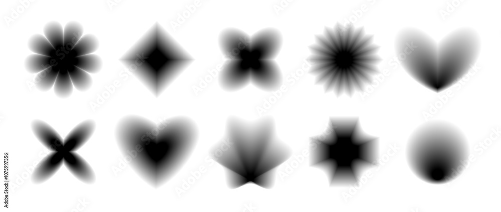 Poster black smooth blurred gradient form set. grunge goth blurry aura shape collection. fading abstract el