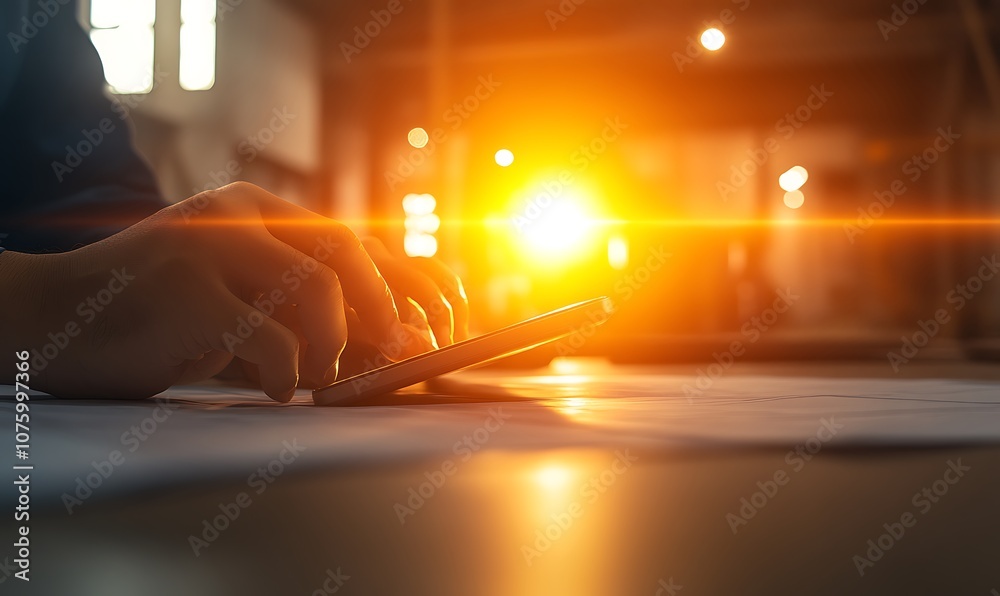 Aufkleber A hand using a smartphone while warm sunlight streams through a window, creating a cozy, inviting atmosphere in an indoor setting.
