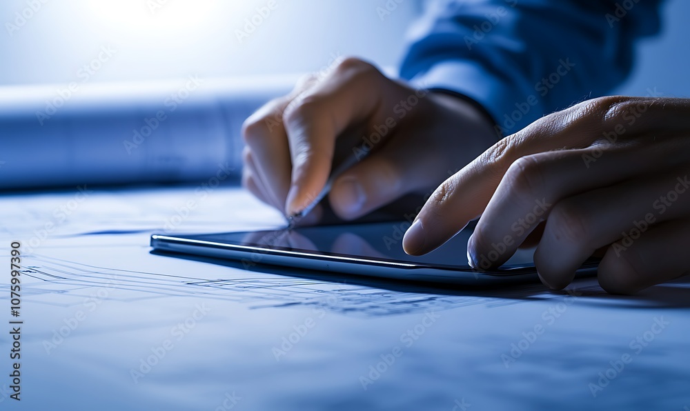 Poster A person's hands using a smartphone on a blueprint, creating a modern connection between technology and architecture.