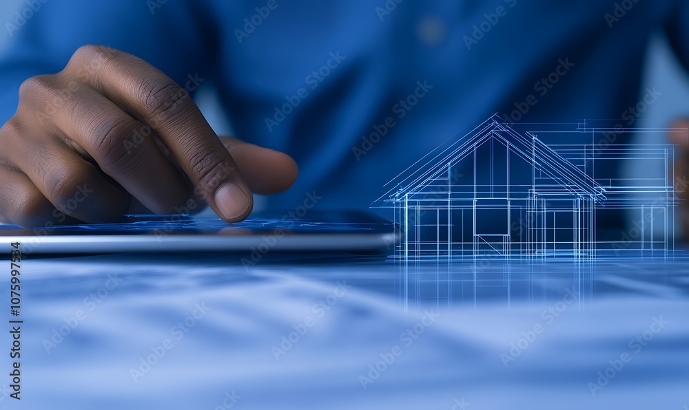 Aufkleber A person is using a tablet with digital architectural designs displayed, focusing on modern home concepts and technology integration.