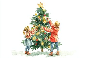 Two children joyfully decorating a Christmas tree, filled with colorful ornaments and a bright star on top, capturing festive spirit.