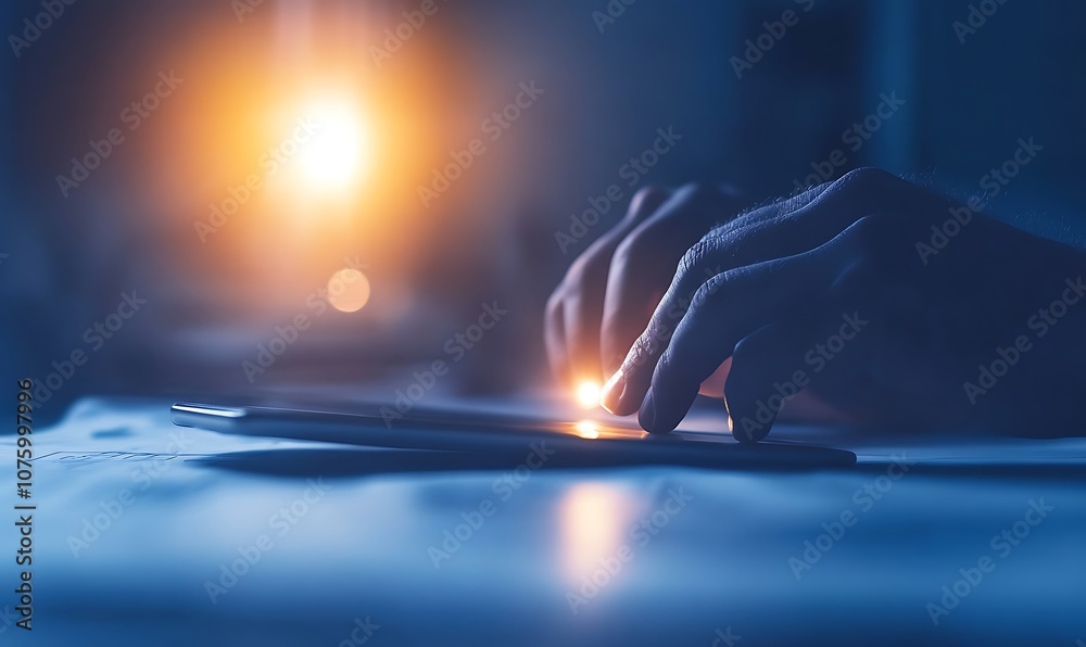 Poster a hand interacts with a glowing device in a dimly lit environment, highlighting technology's role in