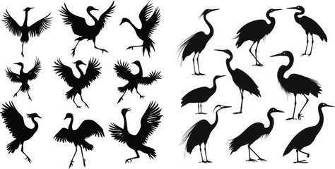 Heron Bird Silhouettes in Flight Collection, Set of Heron Silhouettes on White Background