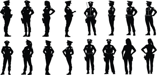 soldier silhouette set vector illustration, A police team consisting of a woman and a man, fighting together against urban crime.