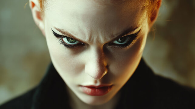 Tight cinematic close-up of a fictional angry woman with a furious snarling expression, brows drawn down, cool desaturated color grade.
