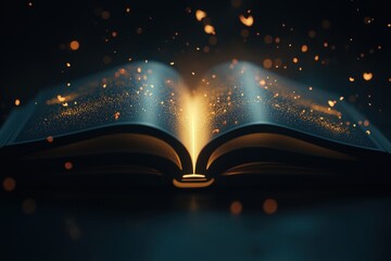 An open book radiates light and sparks, symbolizing knowledge, creativity, and the magic of storytelling.
