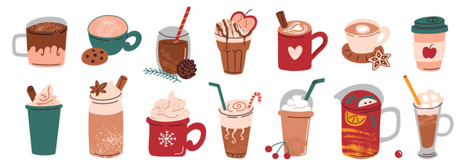 Vector illustration set of cozy winter drinks in cups and mugs, coffee with whipped cream, candy cane, cinnamon, and anise. Hot chocolate, mulled wine for festive Christmas mood in flat cartoon style