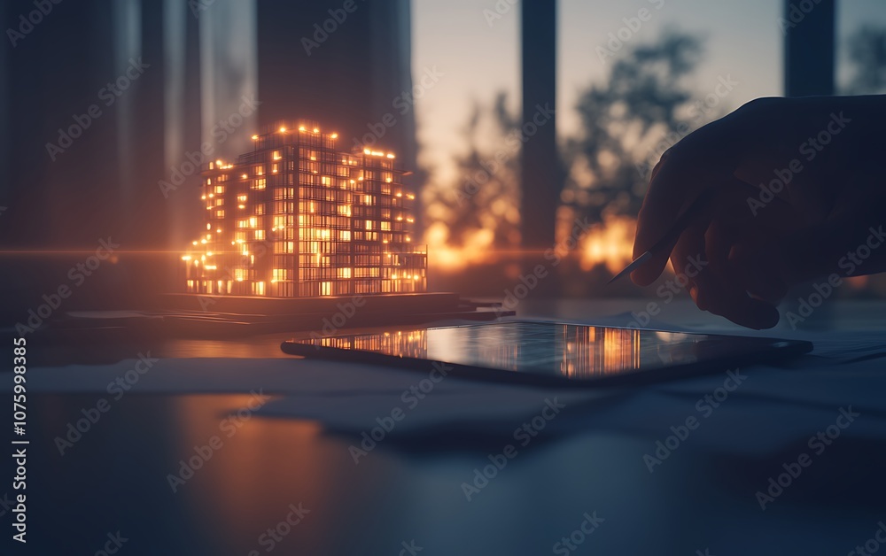 Aufkleber a warm evening scene featuring a hand interacting with a device, illuminated by a glowing, intricate