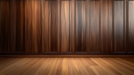 Symmetrical Patterned Dark Brown Wood Paneled Wall with Polished Finish in Elegant Interior Setting
