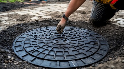 Man Checking a Sewer Cover in a Construction Zone