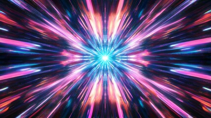 Obraz premium Abstract starburst digital art with colorful radial lines on black background, featuring bright blue burst and halo of light.