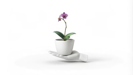 White Hand Holding a Potted Pink Orchid