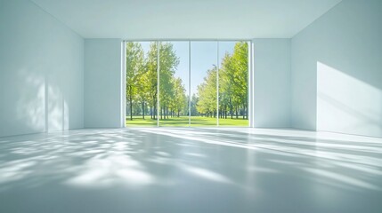 Fototapeta premium Bright and Airy Minimalist Room with Large Window Overlooking Scenic Outdoor Landscape