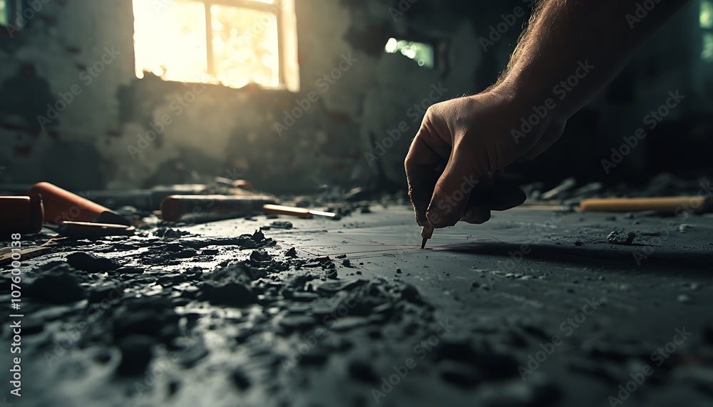 Poster a hand draws on a dusty surface in an abandoned room, illuminated by natural light filtering through