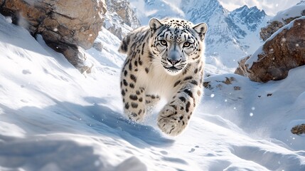 Fototapeta premium Snow Leopard Walking Through Mountainous Terrain
