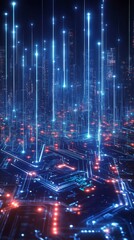 Obraz premium Futuristic Cityscape with Illuminated Circuit Board: Blue and Red Light Technology in Dark Background