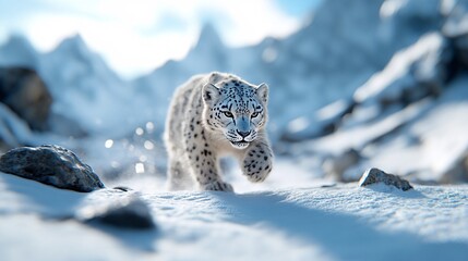 Obraz premium Snow Leopard Walking Through a Wintry Landscape