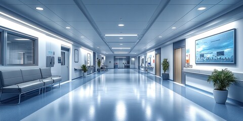 A long and bright hospital corridor with tiled floor and seating areas.