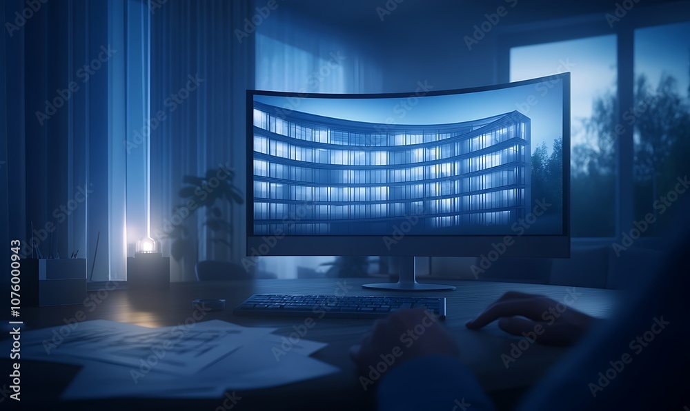 Aufkleber A dimly lit workspace featuring a large monitor displaying an architectural design, accompanied by a candle and scattered papers, creating a serene atmosphere.