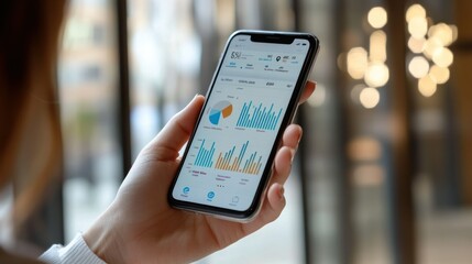 Closeup of a Hand Holding a Smartphone with Data Charts and Graphs Displayed on the Screen