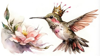 Watercolor Illustration of a Hummingbird Wearing a Crown and Flying Near a Flower