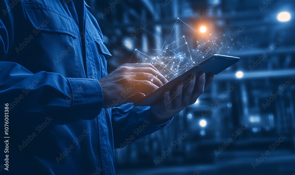 Poster A person interacts with a tablet, surrounded by a glowing, digital effect in an industrial setting, emphasizing technology and innovation.