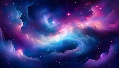Vast galaxy background with swirling, vibrant nebulae in shades of deep blue, purple