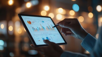 Close-up of a Person Analyzing Data on a Tablet in a Dimly Lit Room