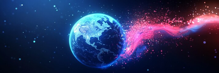 Obraz premium Futuristic Earth Illustration with Blue Space Background and Floating Wave of Energy Particles