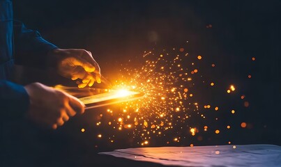 A craftsman creates sparks while using a metal tool, illuminating the dark surroundings with bursts of orange and yellow light.