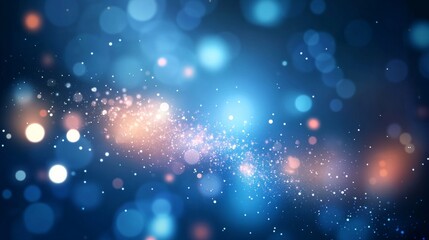 Obraz premium Dark blue abstract background with scattered white dots, colorful pink, orange, white, and a shining comet-like light.