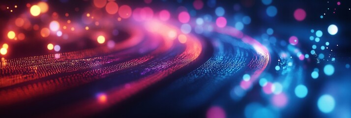 Abstract futuristic background with blue and pink colors, bokeh lights, and a dynamic road design for creative projects.