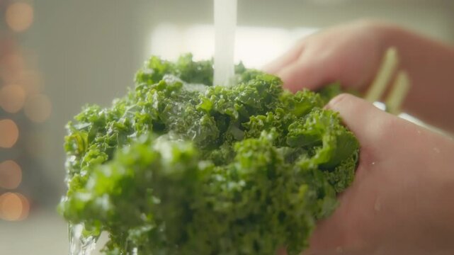 Close up of fresh kale being washed under tap water. Slow motion. 