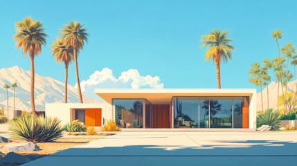 Exterior of a mid-century modern house with large windows, flat rooflines, and geometric shapes, surrounded by tall palm trees against a blue sky in Palm Springs.