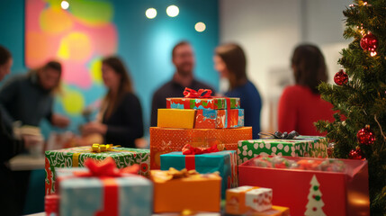 Pile of wrapped presents gifts secret Santa holiday gift exchange at office Christmas party bright cheerful colorful positive emotion happy coworkers birthday holiday fun happy atmosphere copy space