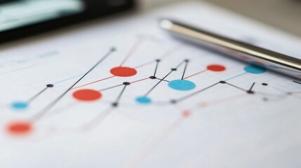 Close-up of a Graph with Red and Blue Circles, a Silver Pen, and Black Pins