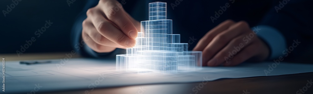 Poster a person’s hand interacts with a digital holographic structure, representing innovation, technology,