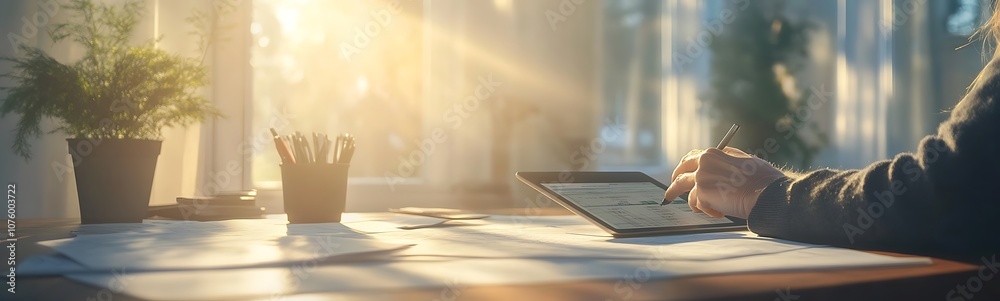 Poster a serene workspace illuminated by sunlight, showcasing a person working on a tablet with art supplie