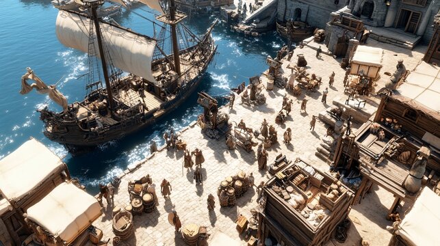 Bustling Medieval Port Town with Docked Ships