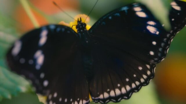 Close up of a blue moon butterfly spreading its wings. Slow motion.