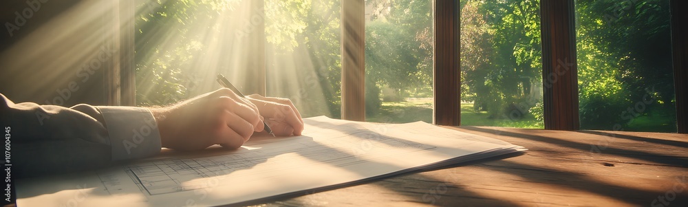 Poster a serene scene of a person writing on a desk, illuminated by warm sunlight filtering through trees, 