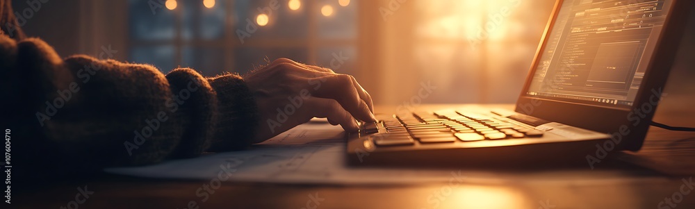 Poster A cozy scene featuring a person typing on a laptop, with warm lighting and a soft focus, creating a productive and tranquil atmosphere.