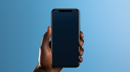A close-up view of a dark skin hand gripping a sleek smartphone, showcased with bright studio lighting against a blue background. Generative AI