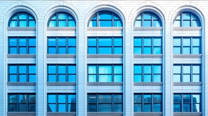 Obraz premium Symmetrical Reflective Facade of a Modern Corporate Building in the City