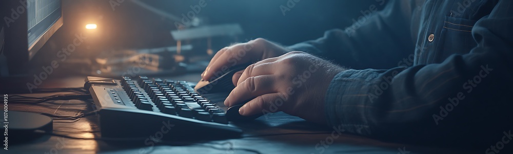 Aufkleber A close-up of hands typing on a keyboard, illuminated by soft light, suggesting focus and creativity in a workspace setting.